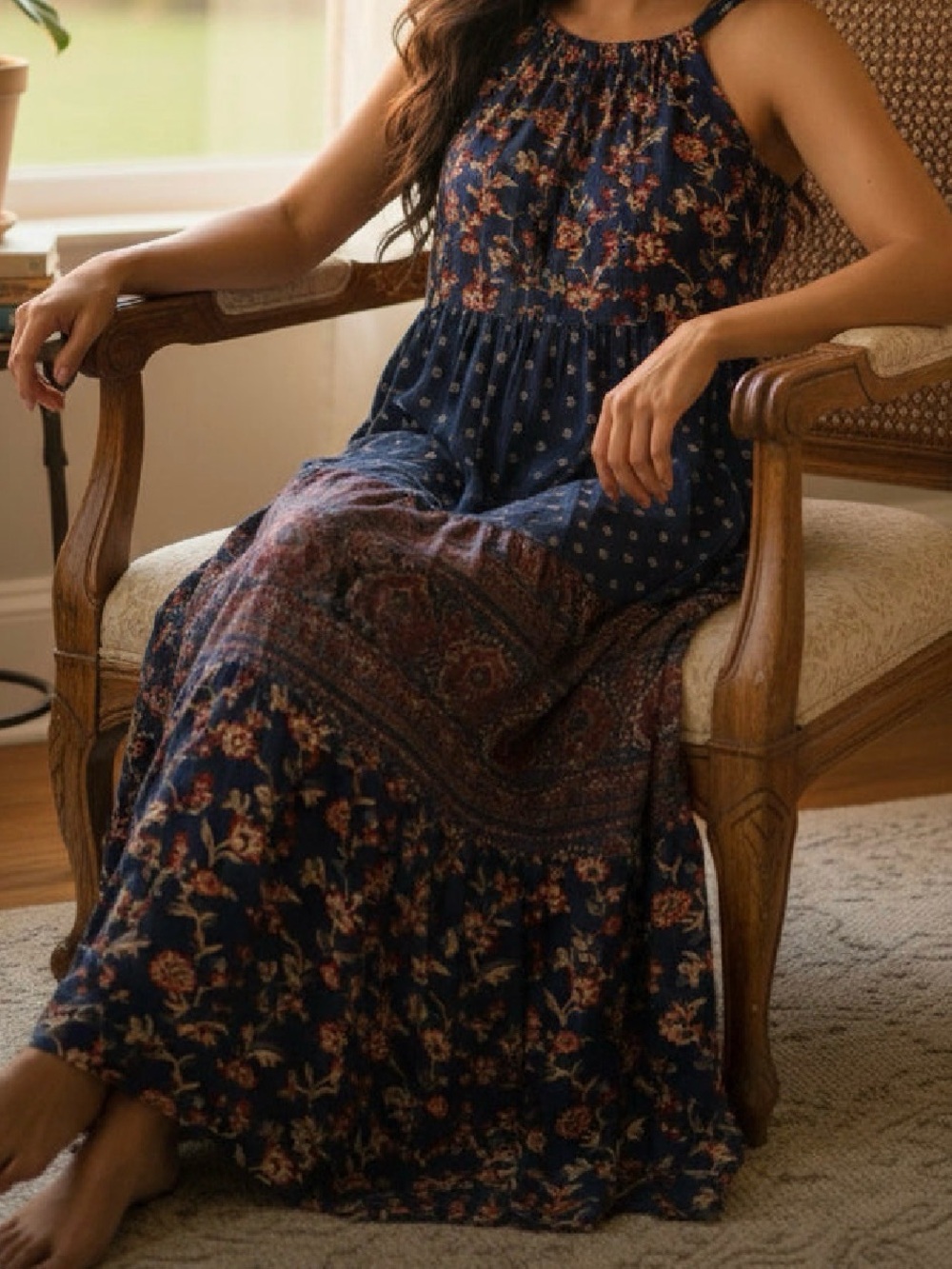 Boho Floral Navy Maxi Dress size M 8/10